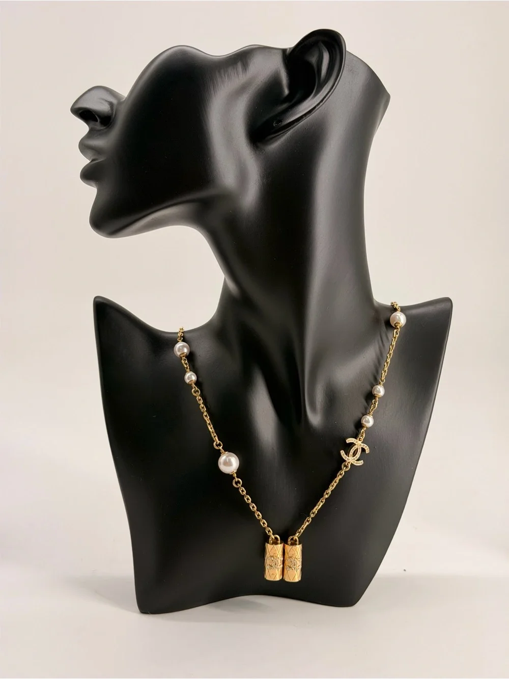 CHANEL Metal Crystal Pearl Airpod Necklace Gold